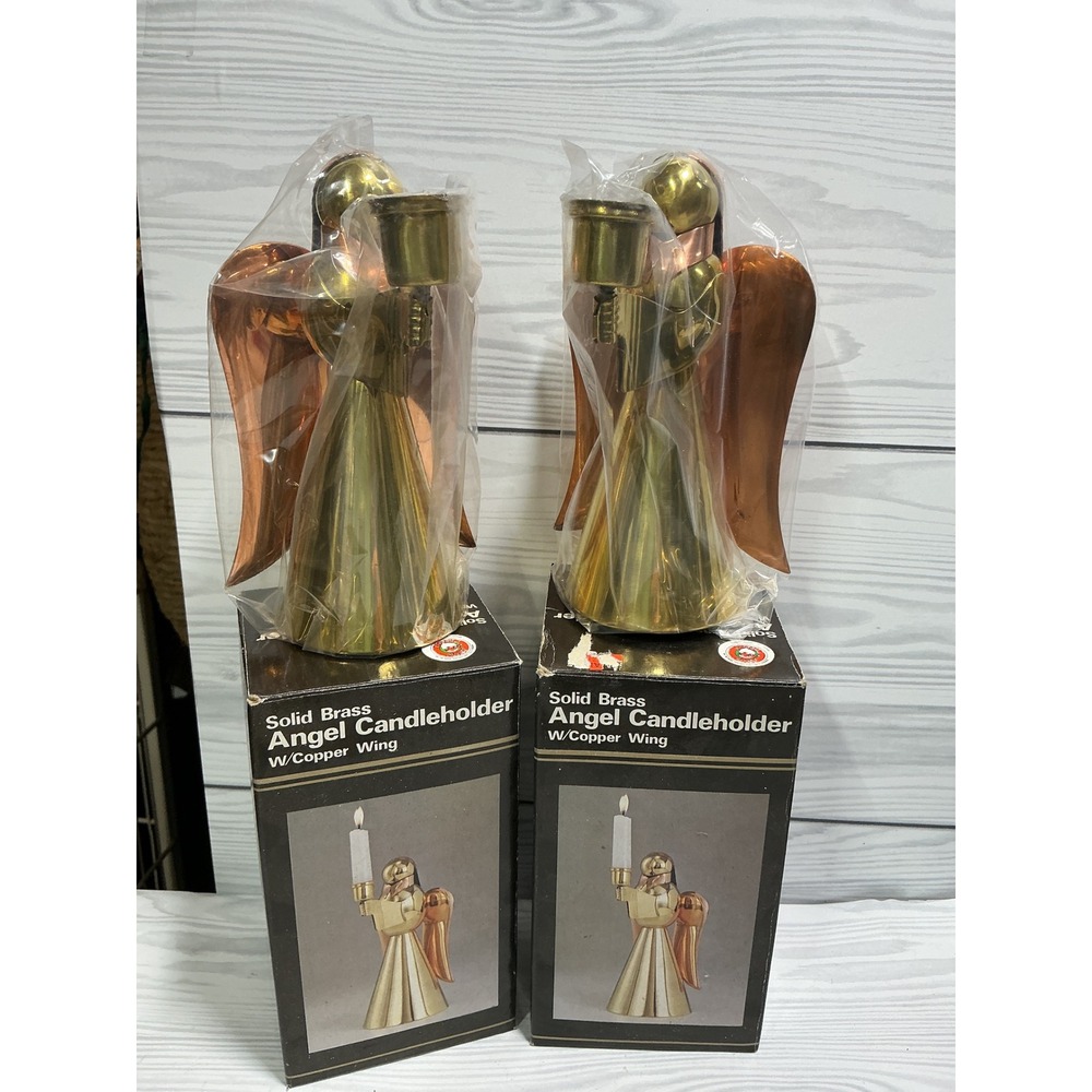 Solid Brass Angel Candleholder Copper Wing Set of 2 Gold Vintage Good 6.5in
